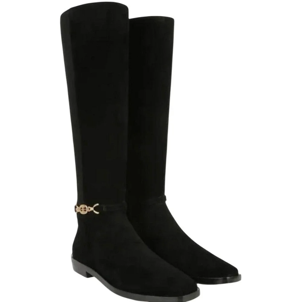 Sam Edelman Clive Black Suede Knee High Boots Square Toe Gold Chain Size 6.5
